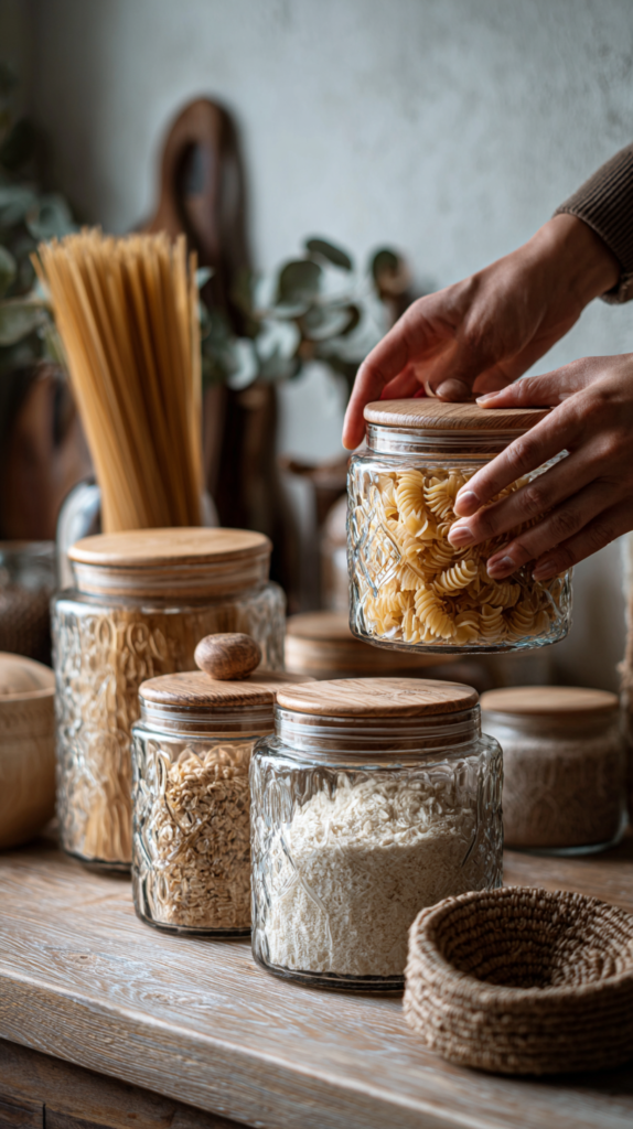 Vorratsgläser, die frisch mit Nudeln und Reis nachgefüllt werden