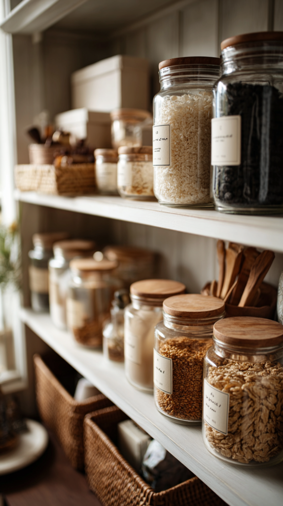 Vorratsboxen aus Glas und Kunststoff, gestapelt in Pantry-Regal
