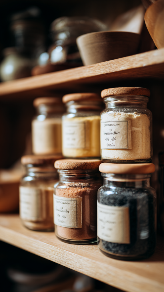 Vorratsregal mit beschrifteten Gläsern, vorne ältere Produkte, hinten neue