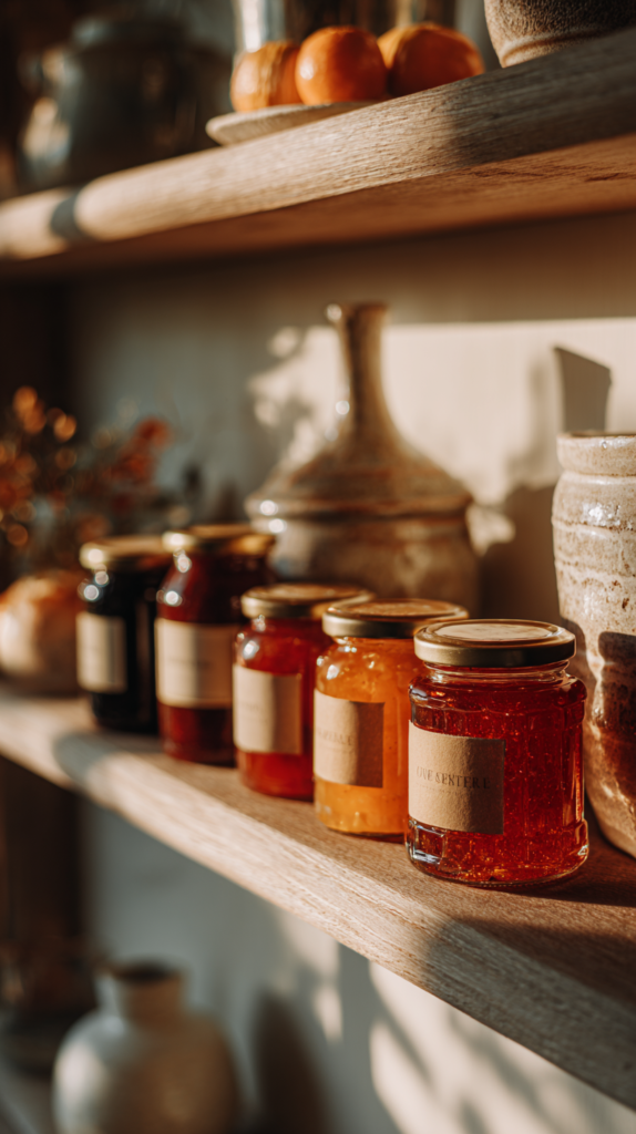 Vorratsregal mit selbstgemachten Marmeladen und Saucen in Gläsern
