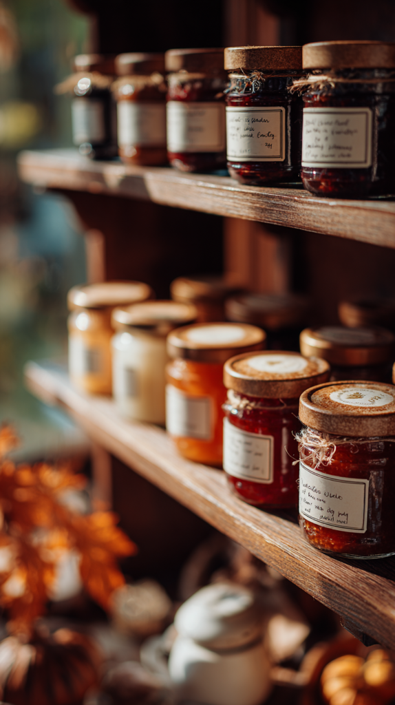 Pantry mit offenen Regalen für Gläser und geschlossenem Schrank für Vorräte