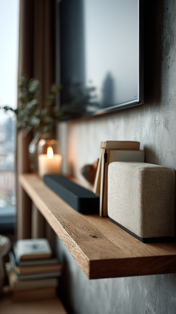 Schlankes Soundbar-Board unter dem TV, Technik hinter Stofffront versteckt.“