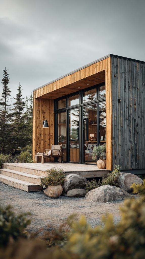 Tiny House Container mit Holzverkleidung & großen Fenstern