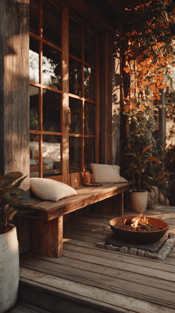 Tiny House Terrasse mit Sitzbank und Feuerschale im Herbst