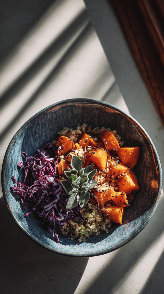 Cremige Pasta im Topf, orange-rot, Linsen sichtbar.“