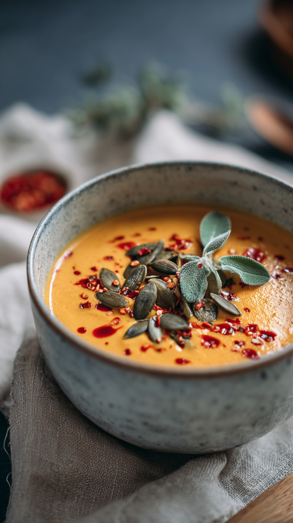 Schale mit samtiger Kürbissuppe, Chiliöl & Kürbiskernen, Brot daneben.“