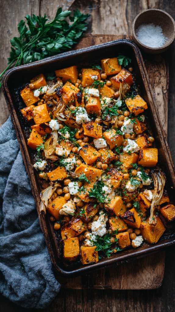 Blech mit geröstetem Kürbis, Kichererbsen & Feta, Kräuter on top.“