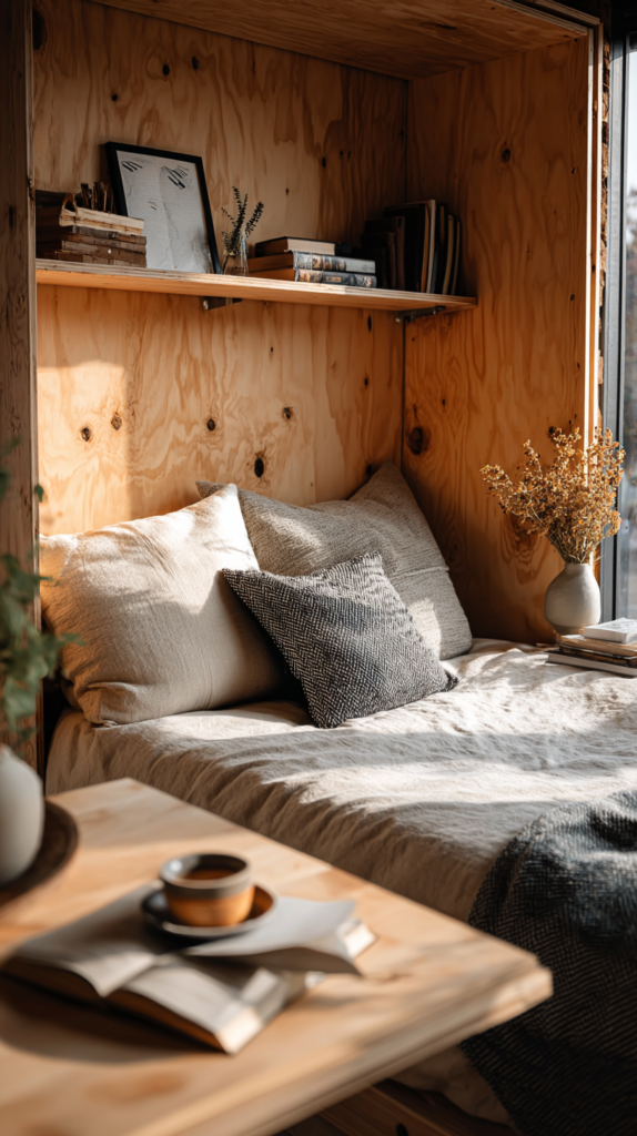 Tiny House mit eingeklapptem Bett an der Wand