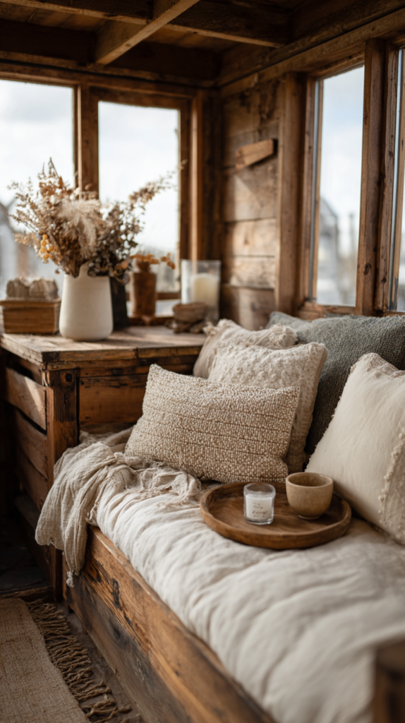 Tiny House mit nachhaltigen Holzmöbeln und Baumwolltextilien