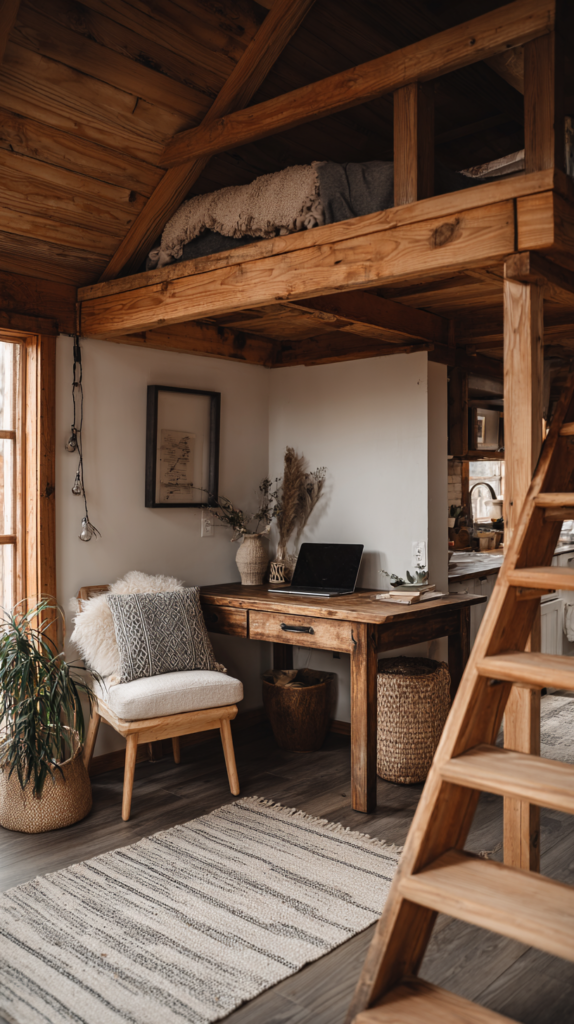 ext: Tiny House mit Holz-Loft und Arbeitsplatz darunter