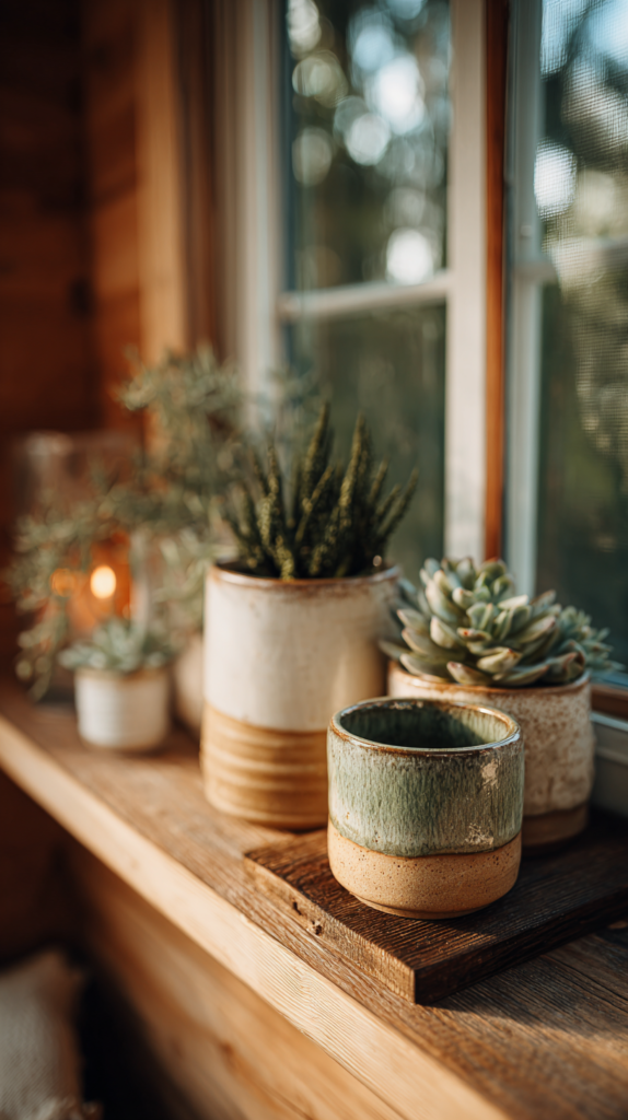 Tiny House Interior mit vielen Pflanzen in Keramik-Töpfen