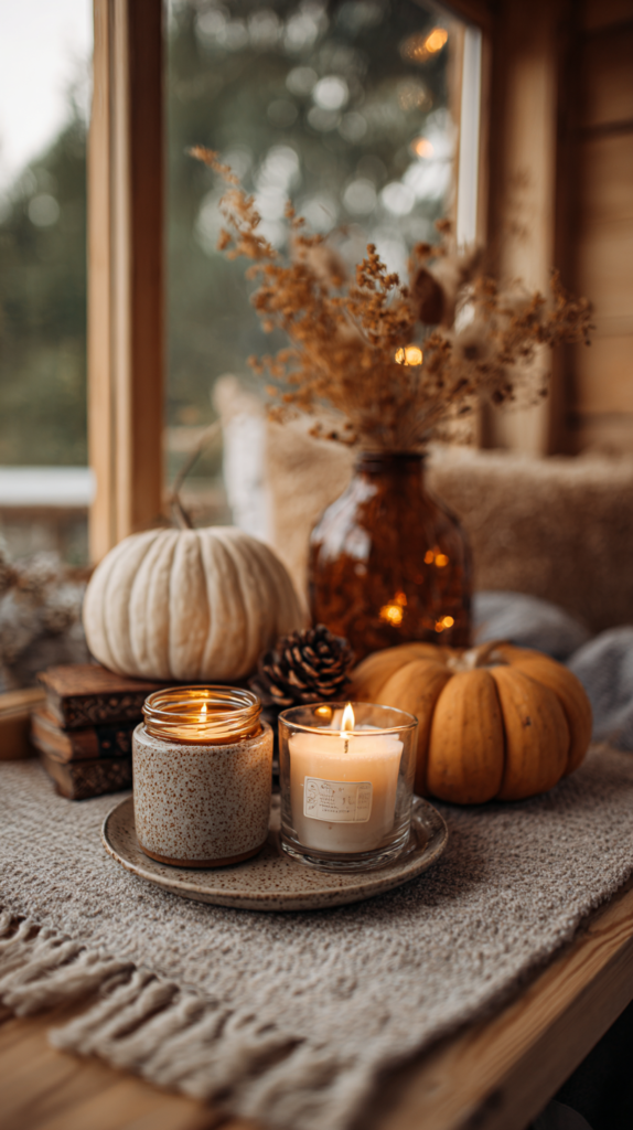 iny House Deko mit Kürbis, Kerzen & Trockenblumen
🎨 Prompt: 