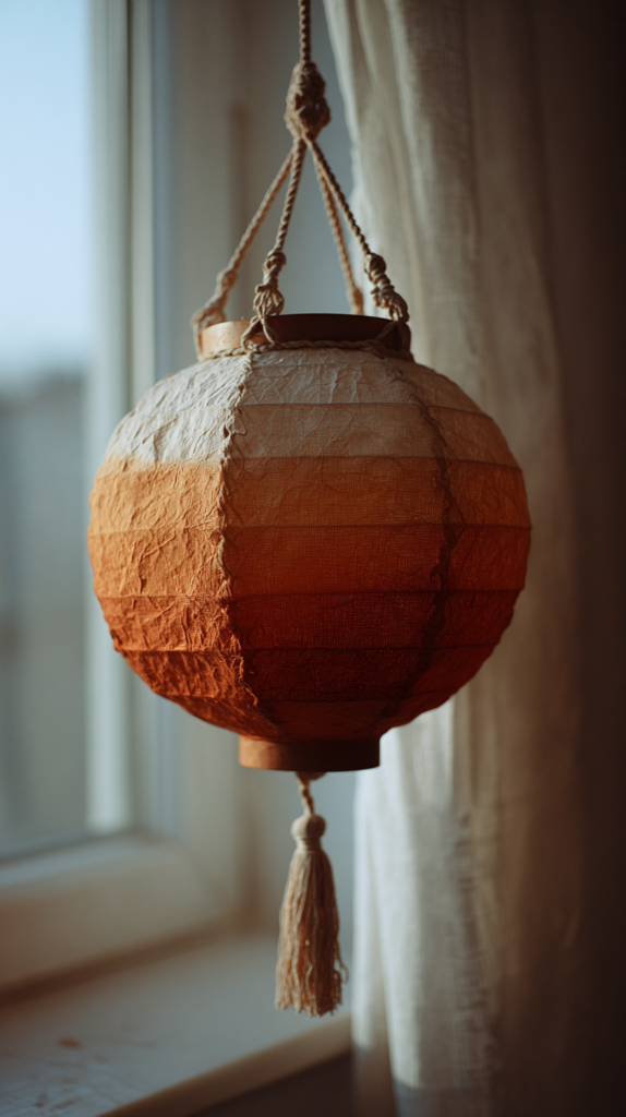 „Hängende Papier-Mâché-Laterne in warmem Farbverlauf, an Makramee-Garn.“