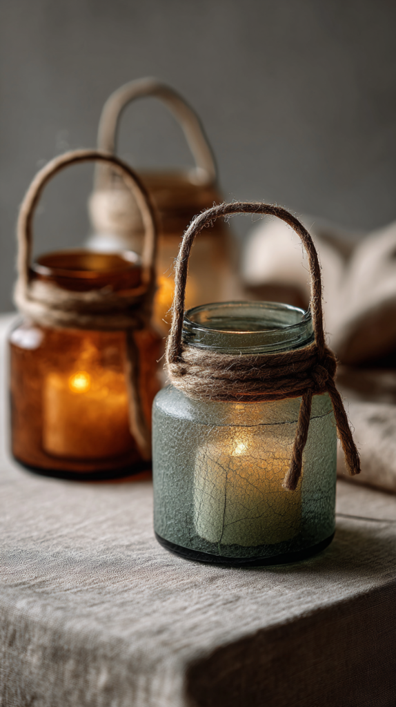 „Marmeladengläser mit gepressten Ahornblättern, warmes LED-Licht, Jutekordel.“