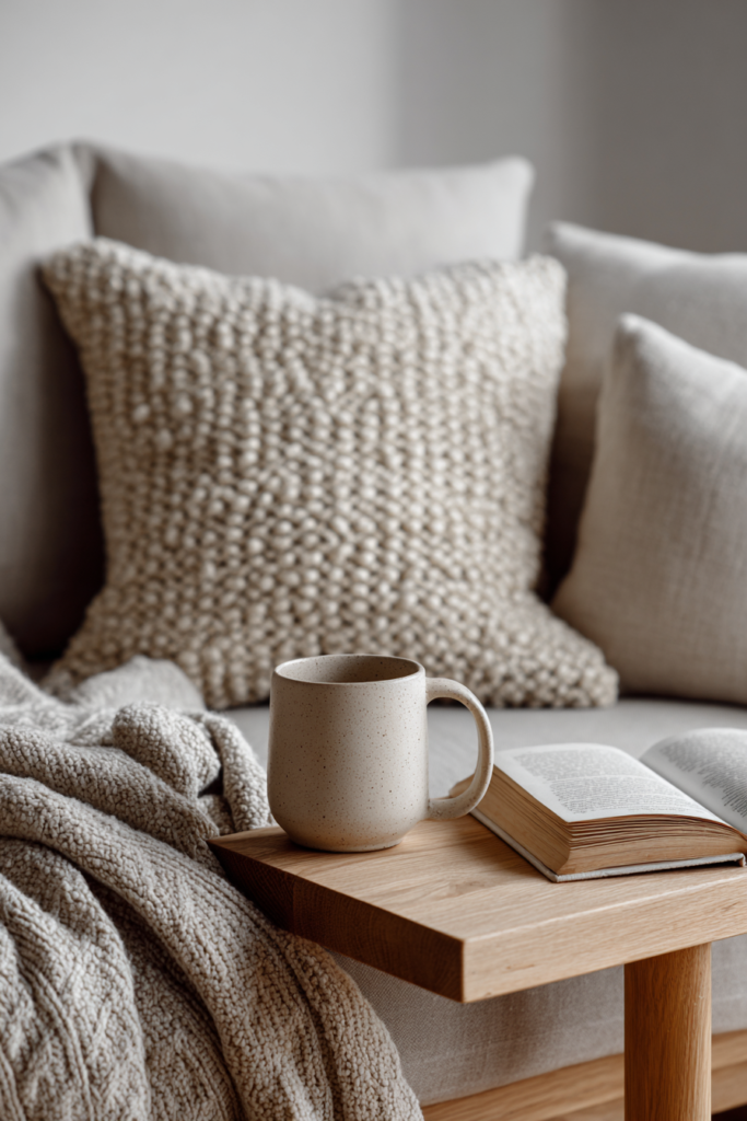 Ein Sofa, das aussieht wie ein ruhiges Winter-Cover – weich, hell, entspannt.