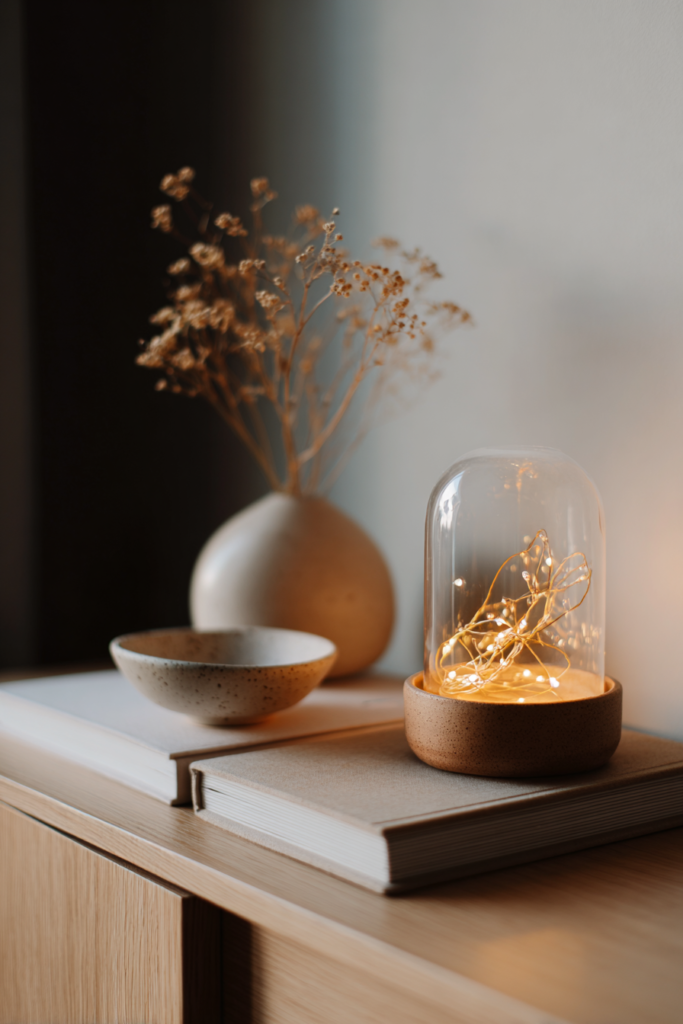 : Ein ruhiges Sideboard, ein Glas – und ein leises Winter-Leuchten.