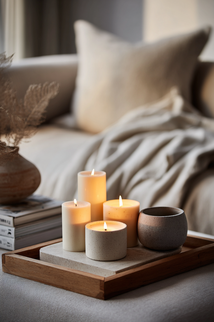 Sanftes Kerzenlicht auf einem ruhigen Couchtisch, alles wirkt weich und klar.