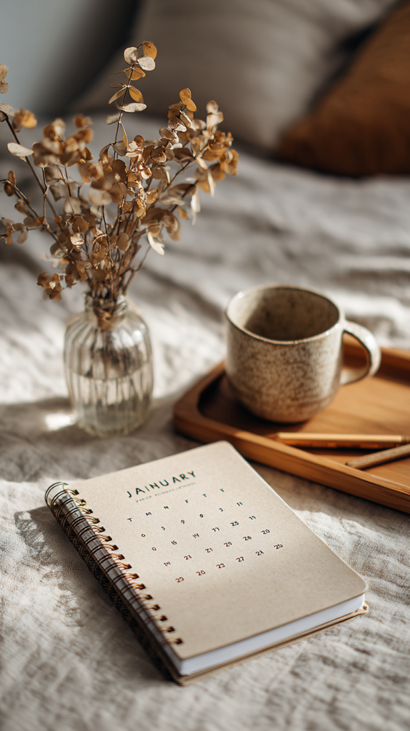  „Minimalistische Januar-Planung mit offenem MOYU Notebook, Tee und neutralen Materialien.“