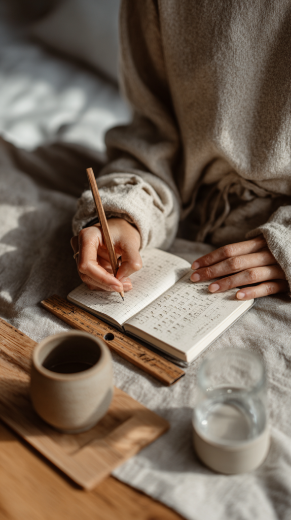 Kleiner Habit-Tracker im MOYU Notebook wird abgehakt – neutral, ruhig, minimalistisch.“