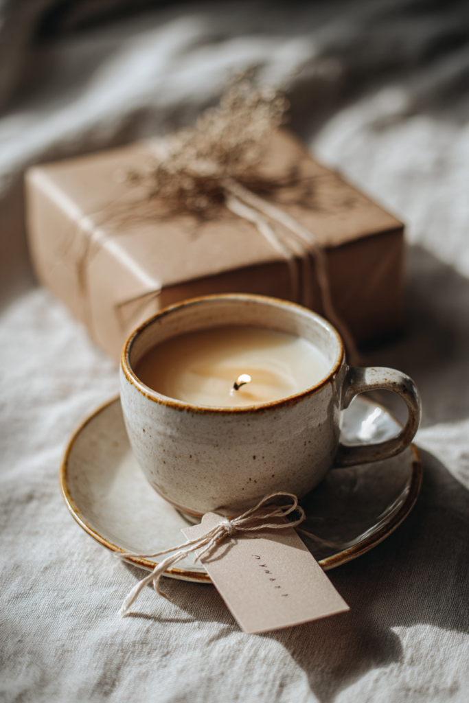 Alt-Text: Duftkerze in Vintage-Tasse mit Band und Namensschild als Geschenk.