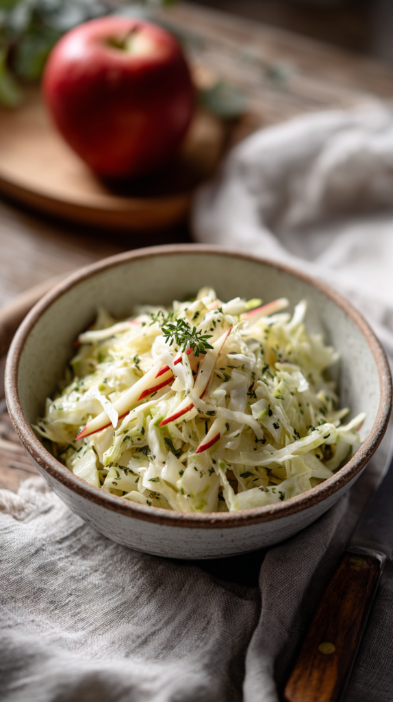 Kohl-Apfel-Salat in einer Keramikschüssel mit feinen Kohlstreifen, Apfelstiften und cremigem Joghurt-Dressing.