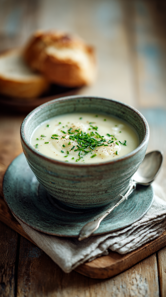 Cremige Porree-Kartoffel-Suppe in einer Keramikschale mit Schnittlauch und Brot auf einem Holztisch.