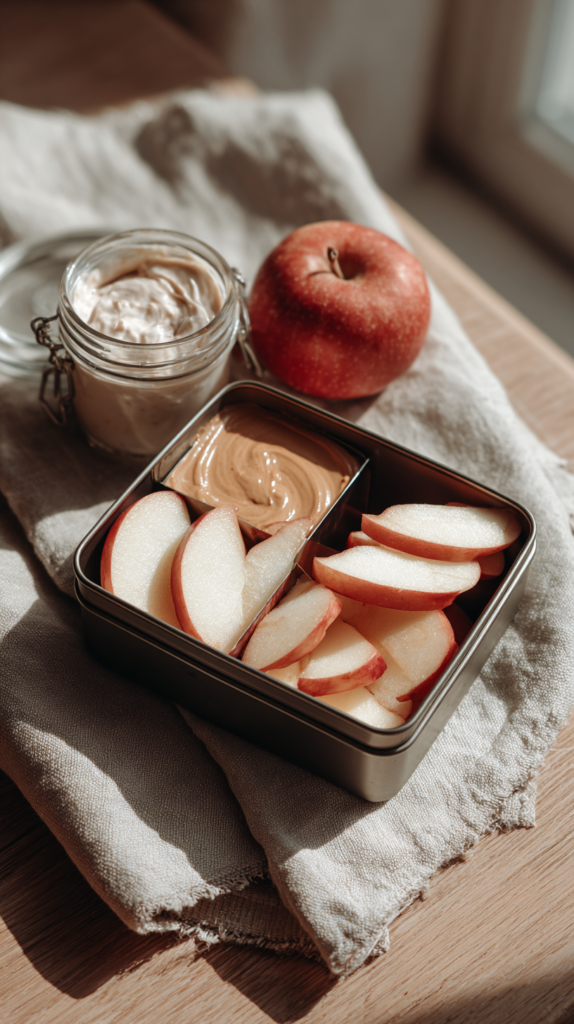 Snackbox mit Apfelspalten und Joghurt-Dip im Glas, verfeinert mit Nussmus, auf einem Holztisch im cozy Stil.