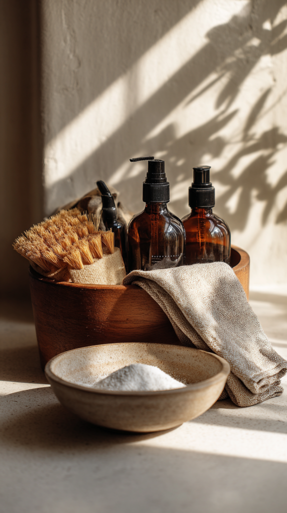 „Minimalistischer Putz-Caddy mit natürlichen Reinigungsutensilien in neutralen Farben.“
