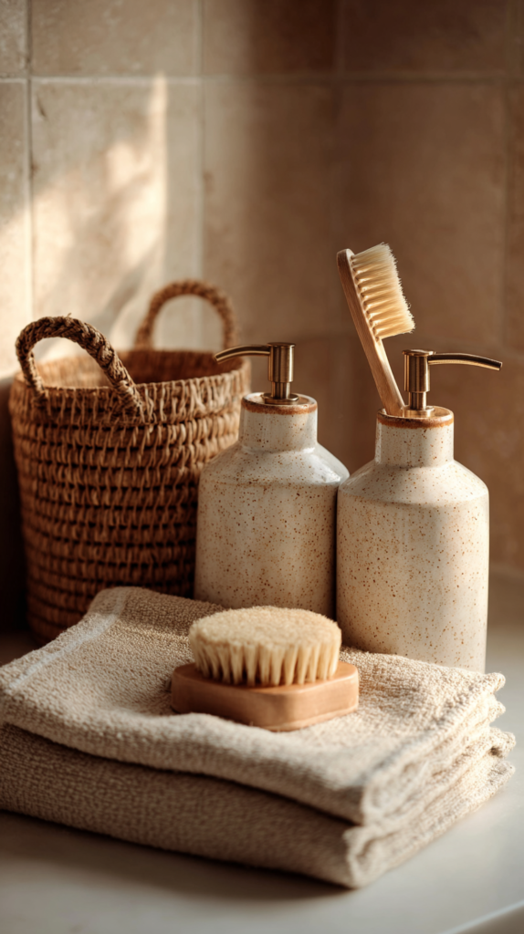 Minimalistisches Badezimmer mit dezenten Putzutensilien und Keramikspendern.“